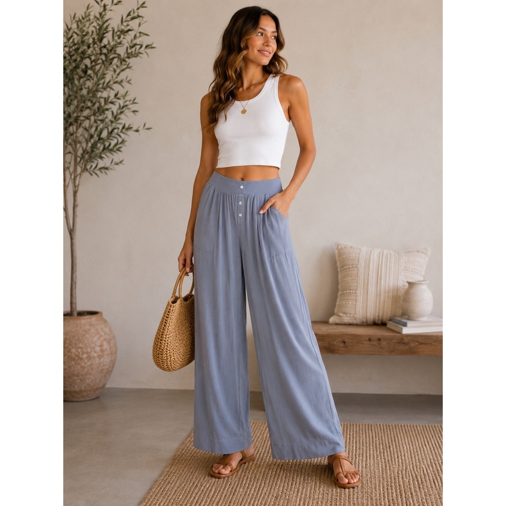 Pact Ribbed Wide Leg Lounge Pants Dusty Blue Organic Cotton Small High Rise